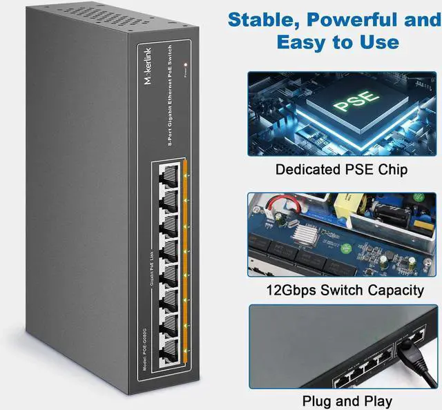 Alt view image 5 of 7 - MokerLink 8 Port Gigabit PoE Switch 8 PoE+ Ports 1000Mbps 802.3af/at 120W Metal Fanless Unmanaged Plug and Play