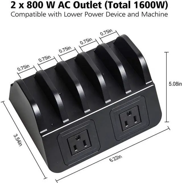 Alt view image 2 of 7 - 5 USB Ports Charging Station Organizer for Multiple Devices Fast Charging Desktop Stand for Apple Android Phone Tablet 1600W 2 AC Power Outlets Charger Dock for Home Office 3 Prong Cord Black