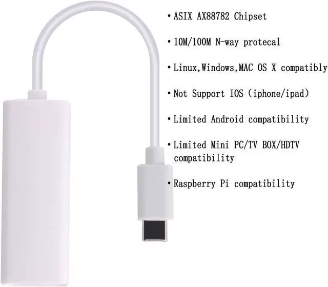 Alt view image 3 of 5 - USB Type-C to RJ45 Female OTG 100Mbps Fast Ethernet Network Adapter Compalite with Tablet PC/Laptop (Windows Mac OS X Linux) Raspberry Pi and Some Android Devices(TV Box .ect) (Type-C)