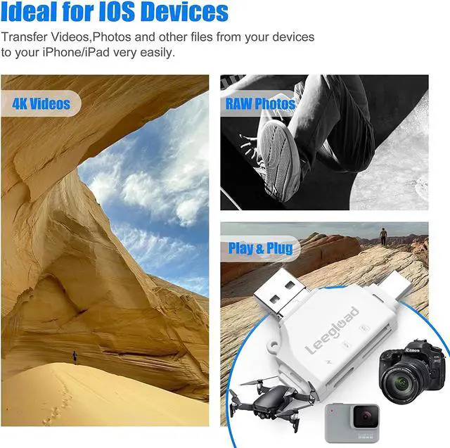 Alt view image 7 of 7 - LEEGLOAD SD Card Reader,4 in 1 Micro SD Card Reader for iPhone/iPad/Android/Mac/Trail Camera,Deer Cam Card Viewer with USB C & Lightning,No Need APP