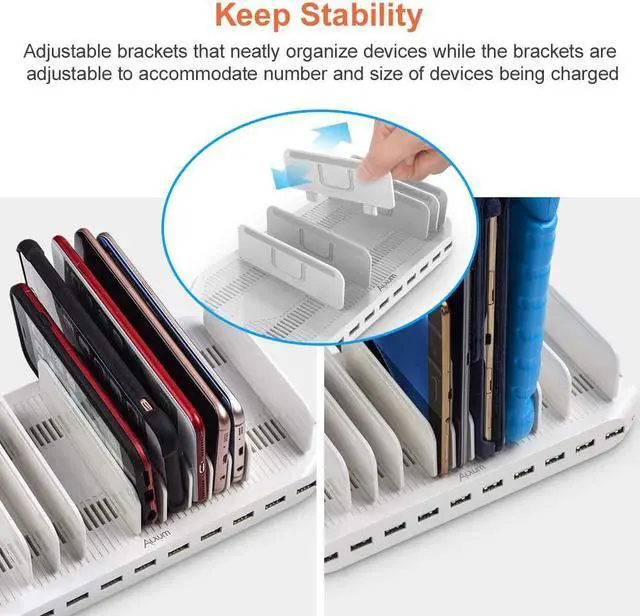 Alt view image 3 of 7 - Alxum iPad Charging Station, 96W 10 Port USB Charging Station for Tablet and More Multi Devices Organizer with Detachable Dividers, White