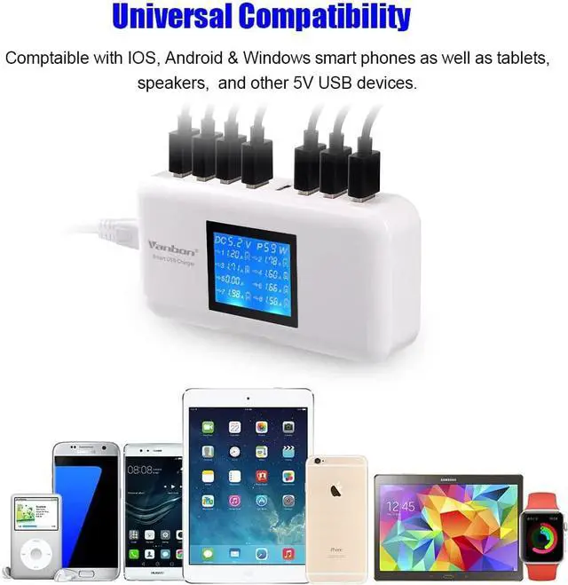 Alt view image 5 of 7 - 60W/12A 8-Port Desktop Charging Station Multiple USB Multi Port Travel Fast Wall Charger Hub with LCD for Smart Phones Tablet and More (White)