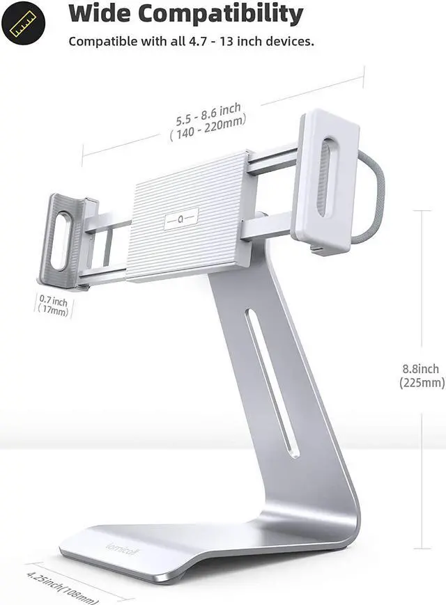 Alt view image 5 of 7 - Tablet Stand, Adjustable Tablet Holder Dock - Lamicall 360 Degree Rotating Tablet Mount, Desktop Tablet Dock, Compatible with iPad Pro 11 / 12.9, Mini, Air, Tabs, Kindle and 4.7" - 13" Tablet - Silver