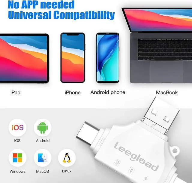 Alt view image 3 of 7 - LEEGLOAD SD Card Reader,4 in 1 Micro SD Card Reader for iPhone/iPad/Android/Mac/Trail Camera,Deer Cam Card Viewer with USB C & Lightning,No Need APP