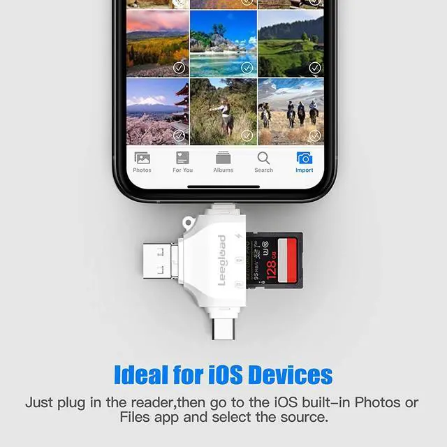 Alt view image 5 of 7 - LEEGLOAD SD Card Reader,4 in 1 Micro SD Card Reader for iPhone/iPad/Android/Mac/Trail Camera,Deer Cam Card Viewer with USB C & Lightning,No Need APP