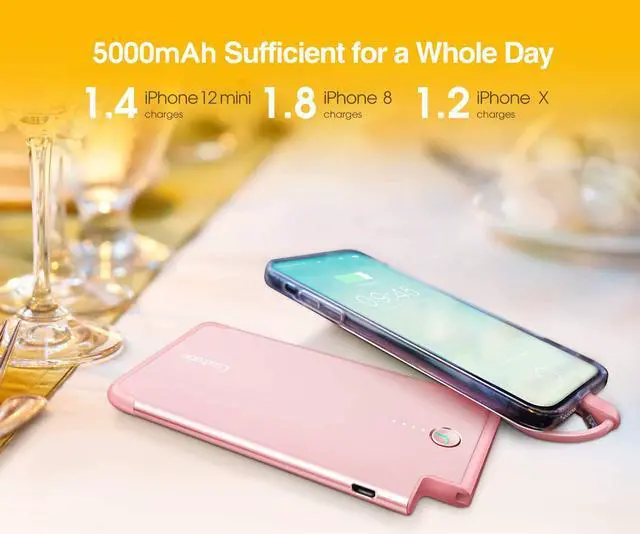 Alt view image 3 of 7 - Luxtude 5000mAh Portable Charger for iPhone, Ultra Slim MFi Apple Certified Battery Pack Built in Lightning Cable, Fast Charging Power Bank for iPhone 13/12/11 Pro/X/XR/XS Max/8/7/6S, Rose Gold Pink.