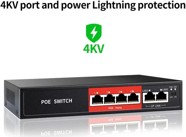 Alt view image 2 of 7 - AI PoE Switch,52V 52W (4 POE Ports +2 Uplink)100Mbps,802.3af/at,Unmanaged Network Extender Power Over Ethernet for IP,Extend Function,Metal Plug and Play
