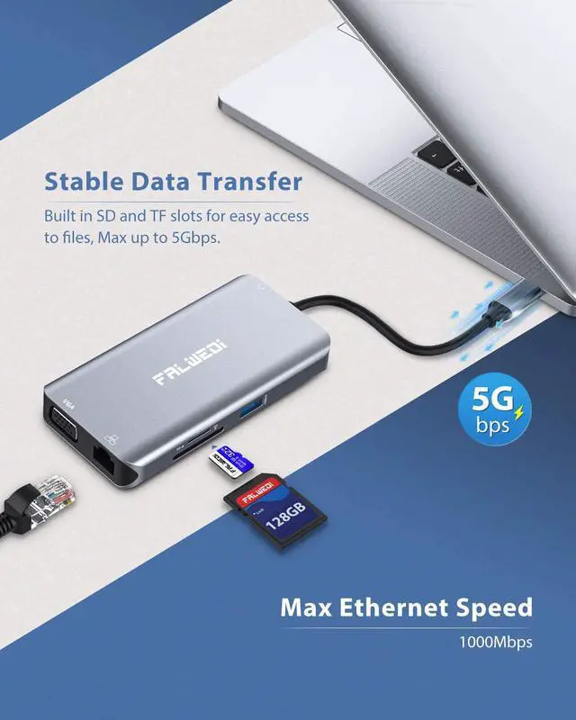 Alt view image 6 of 7 - USB C Hub Type C Adapter Falwedi 10-in-1 Dongle with Ethernet 4K@30Hz HDMI VGA 3 USB3.0 SD/TF Card Reader Audio USB-C PD 3.0 Compatible for MacBook Air Pro and Other Type C Laptops