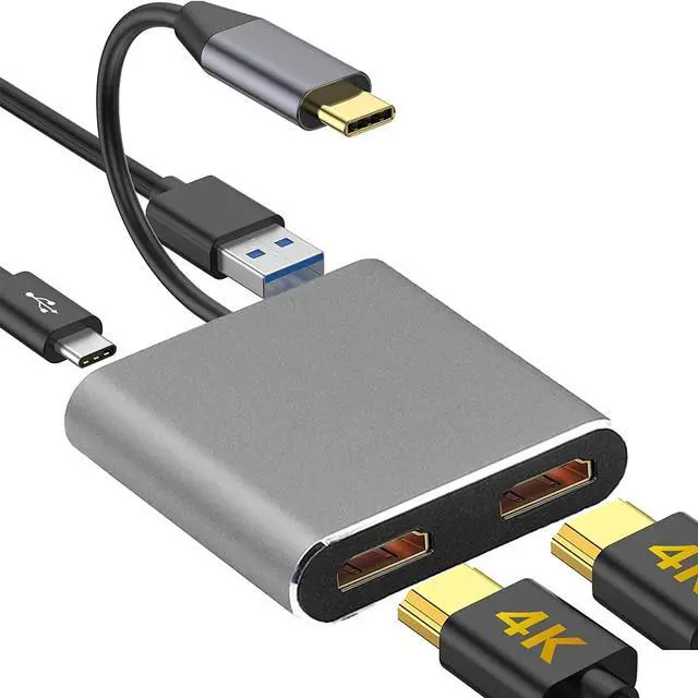 Alt view image 2 of 7 - 4 in 1 Hub Type C to Dual HDMI-Compatible USB Hub 3.0 Port, USB C to Dual HDMI-Compatible Adapter 4K Compatible with MAC OS, Windows, Android, Linux