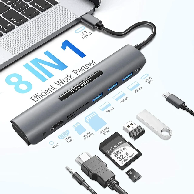 Alt view image 2 of 6 - USB C Hub for MacBook Pro/MacBook air, 8 in 1 USB Type C Adapter with 4K HDMI Multiport, USB 3.0 Port, SD/TF Card Reader, USB C Dongle Port Compatible with MacBook, XPS and More Type C Devices