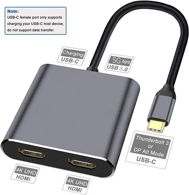 Alt view image 6 of 7 - 4 in 1 Hub Type C to Dual HDMI-Compatible USB Hub 3.0 Port, USB C to Dual HDMI-Compatible Adapter 4K Compatible with MAC OS, Windows, Android, Linux