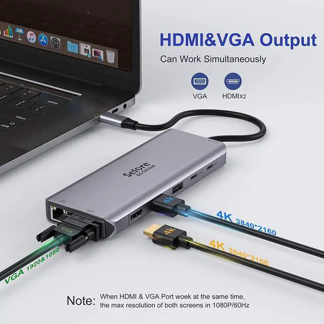 Alt view image 6 of 7 - USB C Docking Station Dual Monitor,USB C Dual Monitor 2 HDMI Adapter,Triple Display 4K HDMI&VGA,10Gbps Data Transfer,14 in 1-3USB3.0&2USB2.0,Gigabit Ethernet,100W PD,SD/TF Card Reader,3.5mm Audio