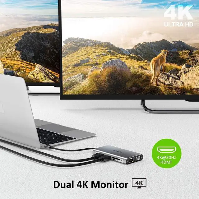 Alt view image 4 of 7 - Omars USB-C Laptop Docking Station 11 in 1 Triple Display USB C Hub 4K Monitor Type C Adapter for HP Dell MacBook Pro and Windows (2HDMI VGA PD3.0 SD TF Card Reader Gigabit Ethernet 4USB Ports)