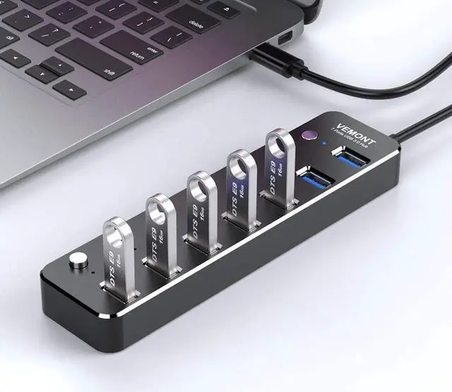 Alt view image 3 of 6 - USB hub, Aluminum USB 3.0 Data Hub with Individual On/Off Switches and LED Lights for Laptop, PC, Computer (4ft/120cm) (7port)