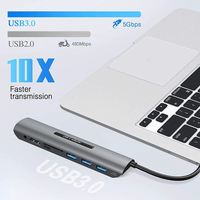 Alt view image 3 of 6 - USB C Hub for MacBook Pro/MacBook air, 8 in 1 USB Type C Adapter with 4K HDMI Multiport, USB 3.0 Port, SD/TF Card Reader, USB C Dongle Port Compatible with MacBook, XPS and More Type C Devices