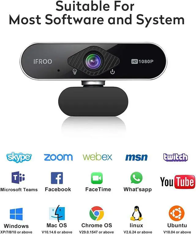 Alt view image 5 of 7 - IFROO FHD 1080P Webcam with Microphone,No fisheye Wide-Angle for Desktop Laptop Computer Web Camera,USB Plug and Play,Compatible Skype Zoom YouTube Windows/Mac OS,for Live Streaming,Recording,Gaming