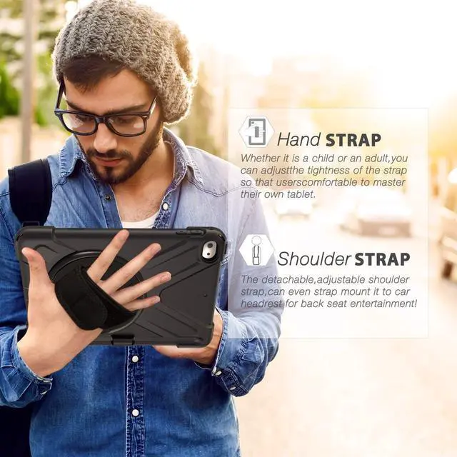 Alt view image 5 of 7 - iPad Mini 5 Case,iPad Mini 4 Case, Heavy Duty Shockproof Protective Rugged Case with Pencil Holder,Hand Strap,Kickstand, Shoulder Strap for iPad Mini 5th/4th Generation 7.9 Inch for Kids-Black