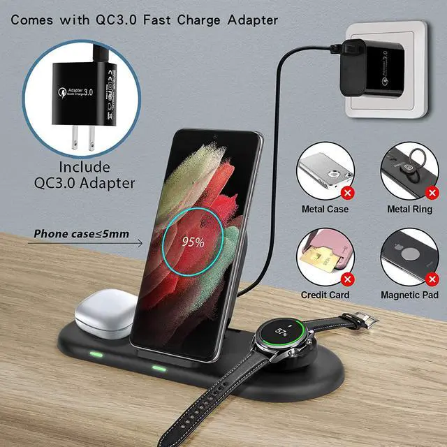 Alt view image 3 of 7 - 3 in 1 Wireless Charging Station Docking, Wireless Charger Stand Compatible with Samsung Galaxy Z Flip 3 S22 S21+ S20 S10+ Note 20 Note 10+, Samsung Galaxy Watch 4 Active 2 Gear S3 S4, Galaxy Buds Pro