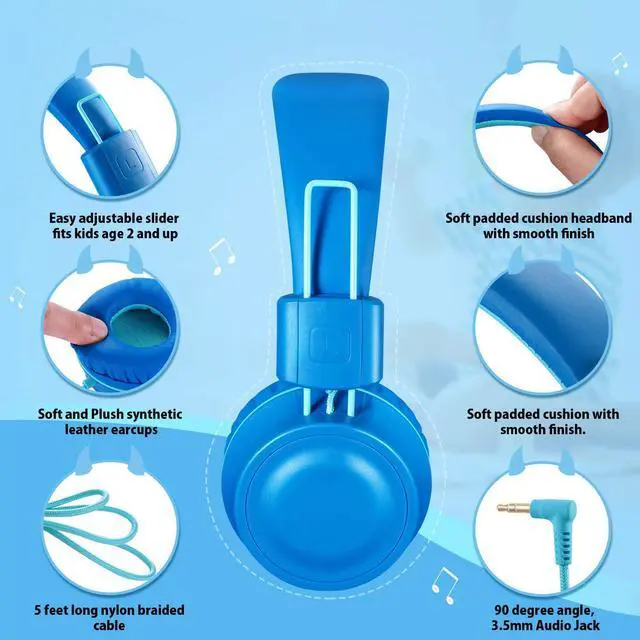 Alt view image 4 of 6 - iRAG J01 Kids Headphones Wired On-Ear Foldable 3.5mm Jack Cord, Ocean Blue | Stereo, Tangle-Free 5ft Cord For iPad, Kindle Fire, Laptop, Tablet, Toddlers, Boys, Girls, School, Travel, Airplane