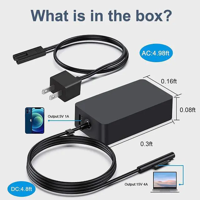 Alt view image 7 of 7 - Surface Pro Charger, cshare 65W 15V 4A Power Supply AC Adapter for Microsoft Surface Pro 7 6 5 4 3 X, Surface Laptop, Surface Go, Windows Charger, Surface Book Tablet with 5V 1A USB Charging Port