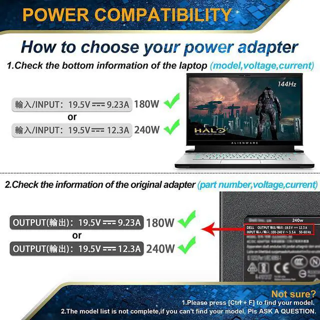 Alt view image 3 of 7 - 240W 180W Laptop Charger for Dell Alienware M15 17 15 R3 R4 R5 R2 13 M17 X51 M17X M18X G5 G7 GA240PE1-00 Precision 7710 M6800 M6500 M6600 M4700 M6700 M6400 J211H PA-9E AC Adapter Power Cord