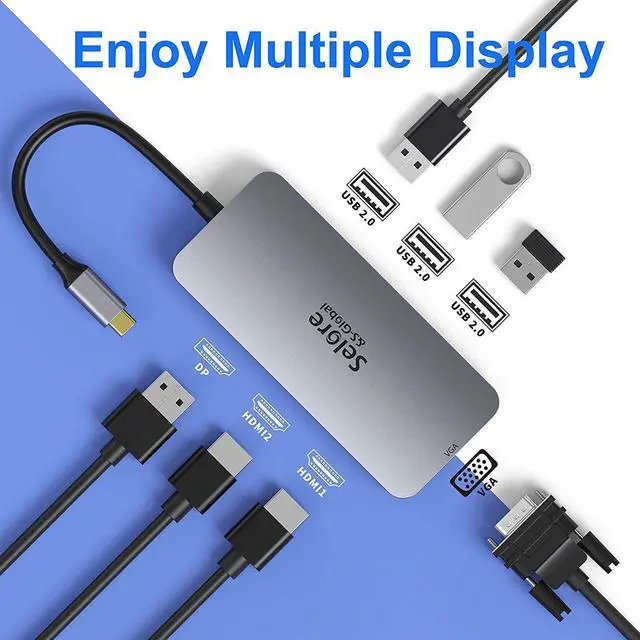 Alt view image 2 of 7 - USB C to Dual HDMI Adapter,7 in 1 USB C Docking Station to Dual HDMI Displayport VGA Adapter,USB C to 3USB 2.0, Multi Monitor Adapter for Dell XPS 13 15,Lenovo Yoga,Huawei Matebook X pro,etc