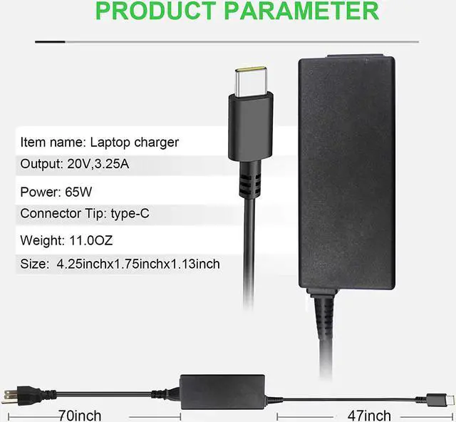 Alt view image 2 of 6 - 65W USB Type C AC Charger DA65NM190 for Dell Chromebook 3100 3300 3500 5190 2 in 1 Power Supply Adapter Cord