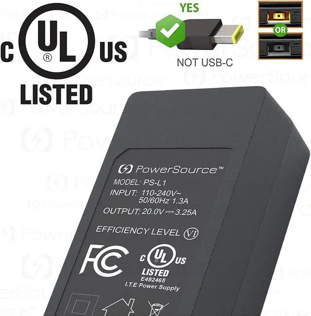 Alt view image 2 of 7 - PowerSource 65W 45W 20V UL Listed 14Ft Long Slim-Tip AC-Adapter-Charger (NOT USB-C) for Lenovo X1 Carbon, ThinkPad T450s T470 T460 G50 T440 T450, Flex 3 ADLX45DLC2A Laptop-Power Supply Cord