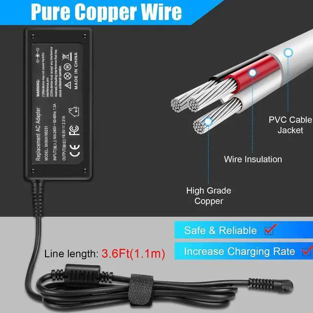 Alt view image 3 of 6 - 65W 19.5V 3.33A AC Adapter Replacement for HP EliteBook 700 800 1000 Series Notebook PC 725 745 755 820 840 850 1020 1030 1040 G2 G3 G4 G5 Laptop Charger Power Supply Cord (10Ft/3m)