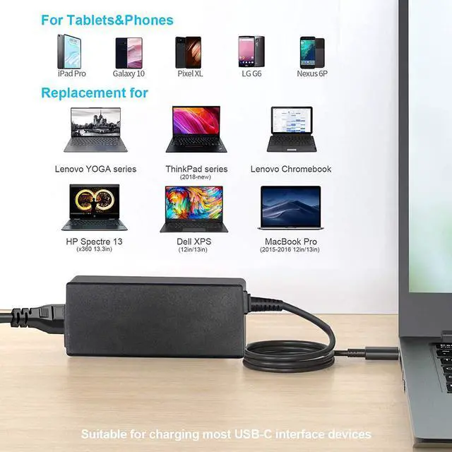 Alt view image 6 of 7 - Laptop Charger Type C Chromebook Charger USB-C for HP Chromebook Charger Laptop USB C Charger for  Charger 45W USB C Power Supply AC Adapter Power Cord Google Chromebook Charger