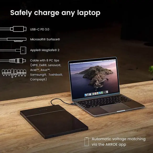 Alt view image 3 of 7 - ARROE App-Enabled Laptop Power Bank 20000mAh with Accessories: USB-C PD 60W Wall Charger, International Adaptor Plugs & Laptop Connectors - Smart Charging System for All Devices