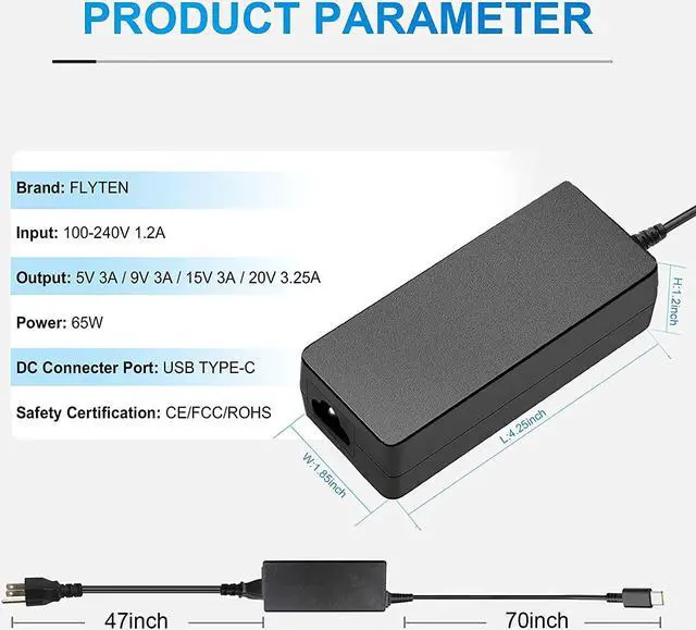 Alt view image 3 of 7 - 65W 45W USB Type C Laptop Charger for Lenovo Chromebook?100e 300e 500e Thinkpad T480 E490 P52s Replacement AC Adapter HP X360 14-CA021NR DELL Latitude 7390 Laptop Power Supply for Asus C213S C213SA