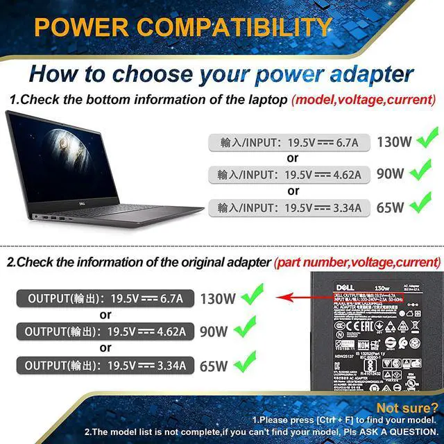 Alt view image 3 of 7 - 130W Laptop Charger Compatible with Dell Inspiron 11 15 7000 7559 5577 Precision M20 M60 M70 M90 M2400 M4400 M4500 M6300 LA130PM121 DA130PE1-00 Vostro 500 1000 1200 1400 AC Power Adapter Power Cord