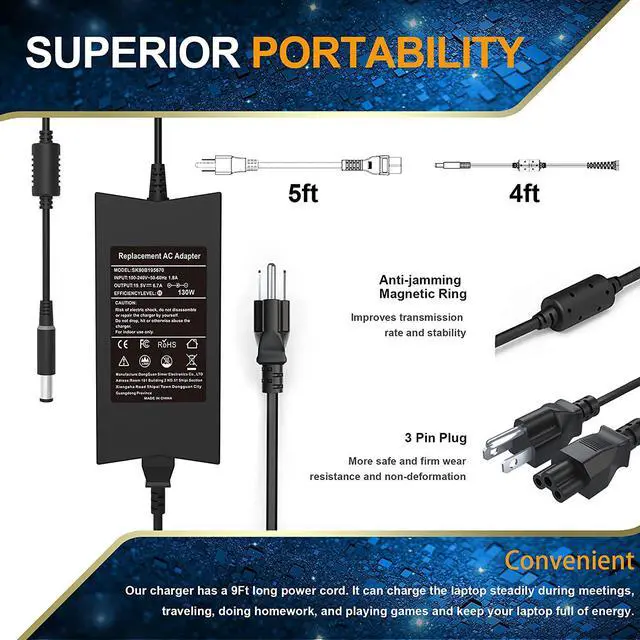 Alt view image 4 of 7 - 130W Laptop Charger Compatible with Dell Inspiron 11 15 7000 7559 5577 Precision M20 M60 M70 M90 M2400 M4400 M4500 M6300 LA130PM121 DA130PE1-00 Vostro 500 1000 1200 1400 AC Power Adapter Power Cord