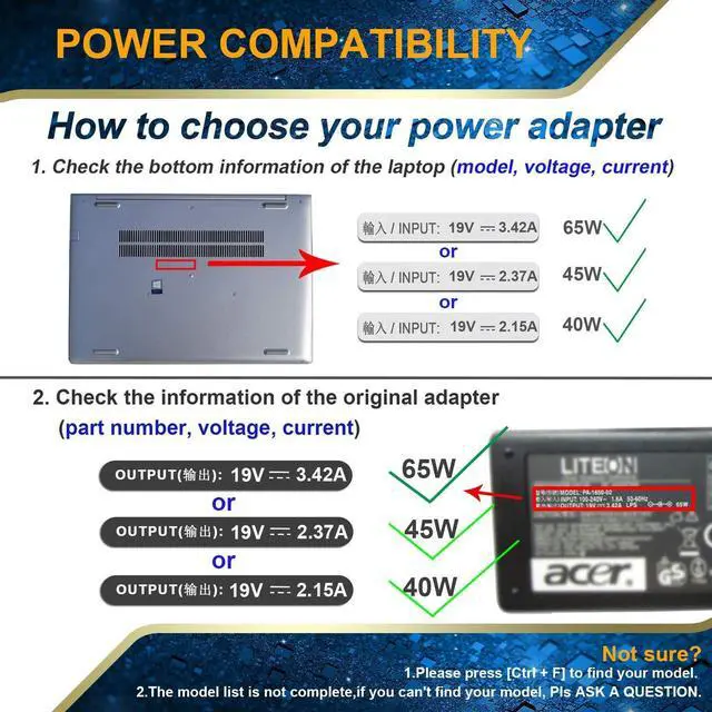 Alt view image 3 of 7 - A13-045N2A PA-1650-80 A11-065N1A PA-1450-26 N15q8 N16p1 N15Q9 AC Adapter Charger for Acer-Chromebook CB3 CB5 11 13 14 15 R11 R13 C731 C738T CB3-532 CB3-431 CB3-131 CB3-111 Power Supply Cord