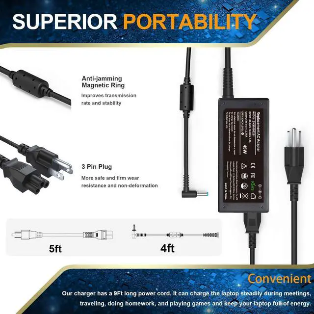 Alt view image 2 of 7 - 45W 19.5V 2.31A AC Adapter Laptop Charger Compatible for HP Notebook 15 Charger 15-ba009dx 15-ba079dx 15-ba113cl 15-bs015dx 15-bs113dx 15-bs115dx 15-bw011dx 15-bw032wm Laptop PC Power Supply Cord