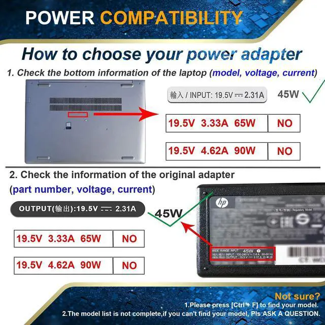 Alt view image 3 of 7 - 45W 19.5V 2.31A AC Adapter Laptop Charger Compatible for HP Notebook 15 Charger 15-ba009dx 15-ba079dx 15-ba113cl 15-bs015dx 15-bs113dx 15-bs115dx 15-bw011dx 15-bw032wm Laptop PC Power Supply Cord