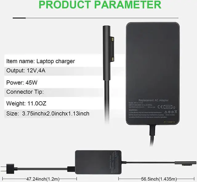 Alt view image 2 of 7 - 1706 Surface Pro Charger 65W 15V 4A AC Adapter Charger for Microsoft Surface Pro X Pro 7 Pro 6 Pro 5 Pro 4 Pro 3 Surface Laptop 3 2 1 Surface Book Surface Go with USB Charging Port 5V 1A
