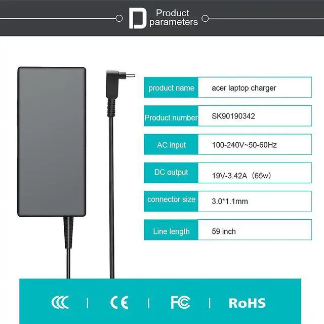 Alt view image 4 of 7 - Pa-1450-26 Acer Charger, Adp-45fe f Acer Charger Compatible with Acer Aspire a515-54 Charger for Acer a115-31-c0yl Charger and Acer Chromebook C720 Charger, Included AC Adapter and Power Cord