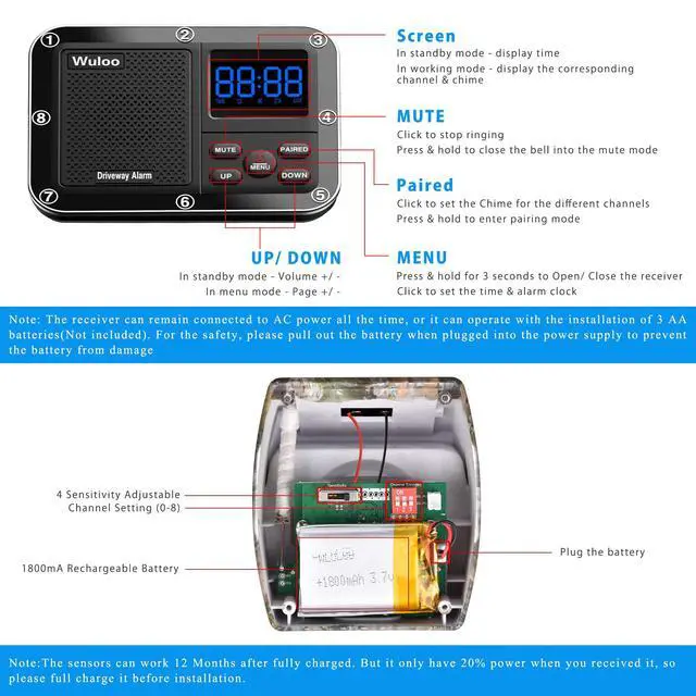Alt view image 7 of 7 - Solar Driveway Alarm Wireless Outside 1800ft Range, Outdoor Motion Sensor & Detector Driveway Alert System with Rechargeable Battery/Weatherproof/Mute Mode (1&1-Camouflage)