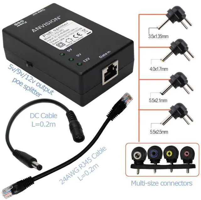 Alt view image 4 of 6 - Active Gigabit PoE Splitter Adapter with Multi-Size Tips, IEEE 802.3af Compliant, DC 5V 9V 12V Power Output, for IP Camera AP Voip Phone and More