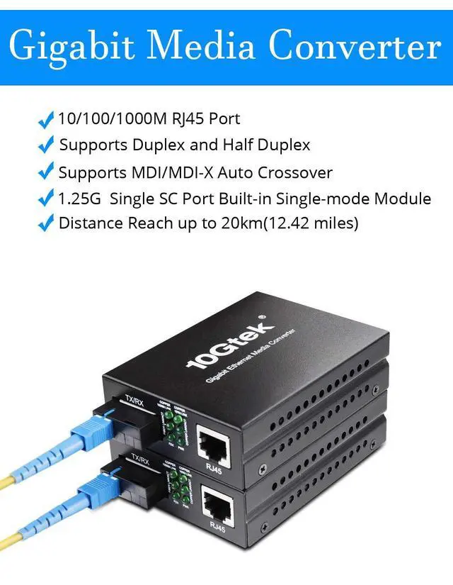 Alt view image 2 of 6 - BiDi Gigabit Single Mode SC Media Converter, 10/100/1000M Fiber to Ethernet Converter, 1000Base-FX Single SC to 10/100/1000Base-T/TX RJ45, Built-in Fiber Module, SMF, 1310/1550nm, 20km, 1 Pair