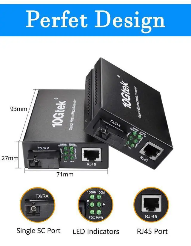 Alt view image 4 of 6 - BiDi Gigabit Single Mode SC Media Converter, 10/100/1000M Fiber to Ethernet Converter, 1000Base-FX Single SC to 10/100/1000Base-T/TX RJ45, Built-in Fiber Module, SMF, 1310/1550nm, 20km, 1 Pair