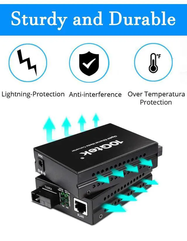Alt view image 5 of 6 - BiDi Gigabit Single Mode SC Media Converter, 10/100/1000M Fiber to Ethernet Converter, 1000Base-FX Single SC to 10/100/1000Base-T/TX RJ45, Built-in Fiber Module, SMF, 1310/1550nm, 20km, 1 Pair
