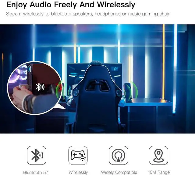 Alt view image 4 of 6 - Bluetooth 5.1 USB Adapter Wireless Audio Dongle for PC, Laptop, PS4, Switch, Headphones, for Music Gaming Chair and Recliner, Single Device Connection