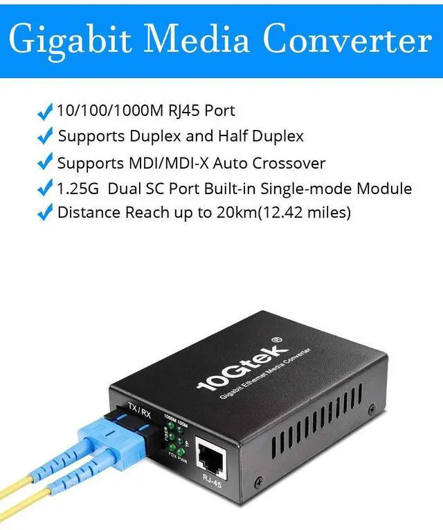 Alt view image 2 of 6 - Fiber to Ethernet Media Converter, Gigabit Single Mode Dual SC Converter, Built-in Fiber Module up to 20km, Dual SC to 10/100/1000M RJ45, SMF, 1310nm