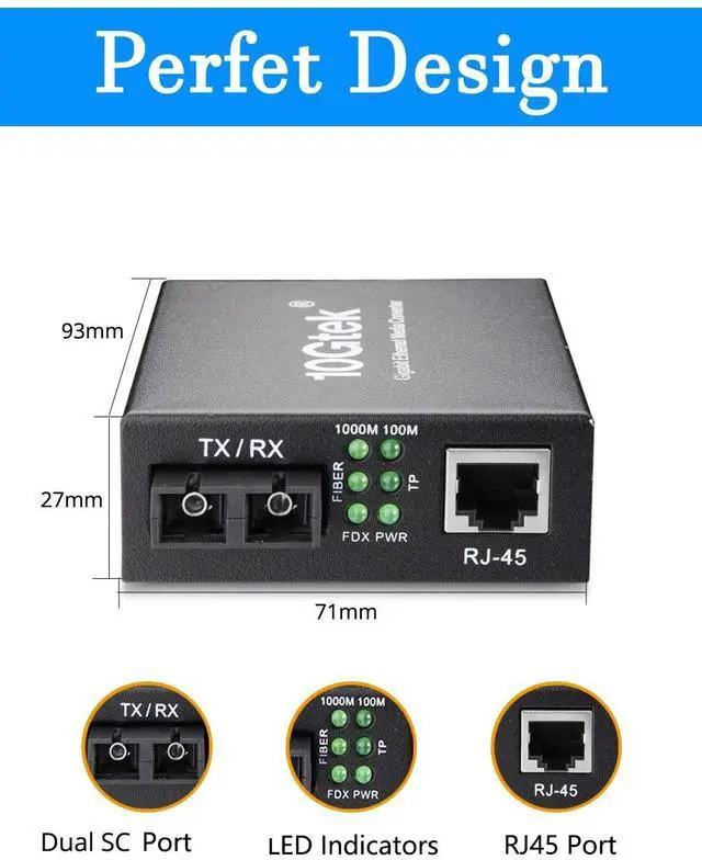 Alt view image 4 of 6 - Fiber to Ethernet Media Converter, Gigabit Single Mode Dual SC Converter, Built-in Fiber Module up to 20km, Dual SC to 10/100/1000M RJ45, SMF, 1310nm