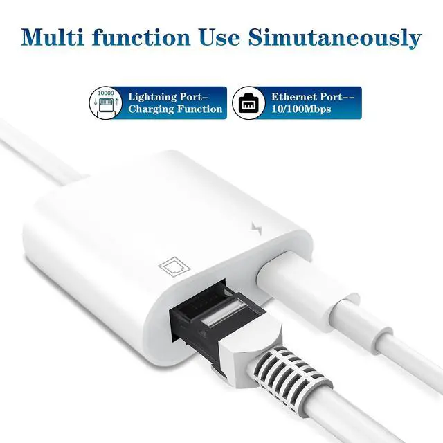 Alt view image 2 of 7 - MFi Certified Lightning to Ethernet Adapter - 2 in 1 RJ45 Ethernet LAN Network Adapter with Charge Port for iPhone/iPad/iPod, Plug and Play, Supports 100Mbps Network