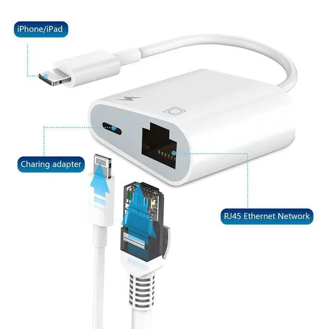 Alt view image 3 of 7 - MFi Certified Lightning to Ethernet Adapter - 2 in 1 RJ45 Ethernet LAN Network Adapter with Charge Port for iPhone/iPad/iPod, Plug and Play, Supports 100Mbps Network