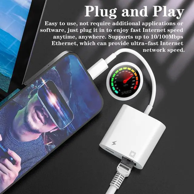 Alt view image 4 of 7 - MFi Certified Lightning to Ethernet Adapter - 2 in 1 RJ45 Ethernet LAN Network Adapter with Charge Port for iPhone/iPad/iPod, Plug and Play, Supports 100Mbps Network